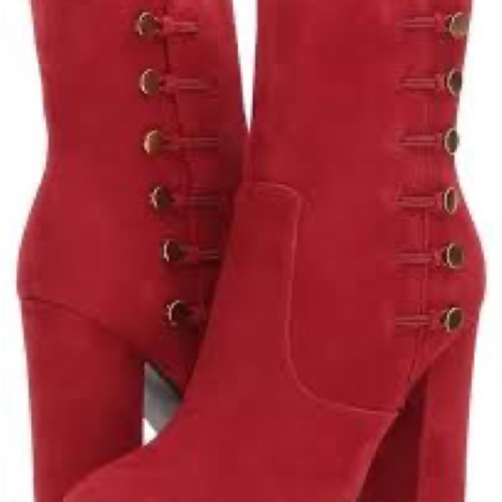 Guess Red Faux Suede Boots with Gold Buttons